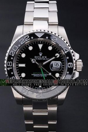 40mm Rolex GMT Master II SS Case/Bracelet Black Bidirectional Rotatable Bezel Black Dial Dots Marker Mercedes Hand With Green Index Watch