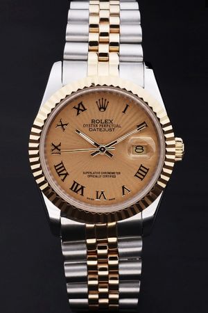 Business Style Rolex Datejust Gold Fluted Bezel/Striated Dial Roman Numerals Convex Lens Date Window 2-Tone Jubilee Bracelet Watch