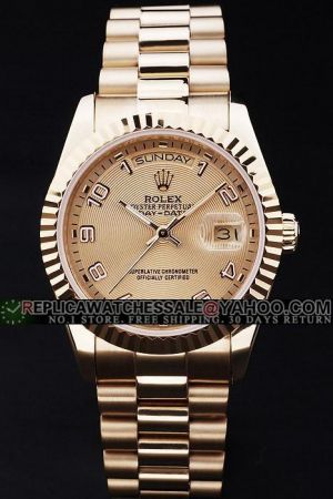 Rolex Day-date Fluted Bezel Concentric Pattern Dial Arabic Scale Stick Hand Week Display All 18k Gold Plated SS Watch