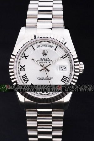Fake Rolex Day-date Silver Fluted Bezel White Concentric Pattern Dial Roman Scale Stick Hand Silver Bracelet Week Date Cheap Watch