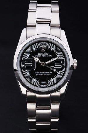 Rolex Oyster Perpetual SS Case Black Concentric Pattern Dial Large Arabic Scale Luminous Mercedes Pointers Oyater Bracelet 26mm Ladies Watch