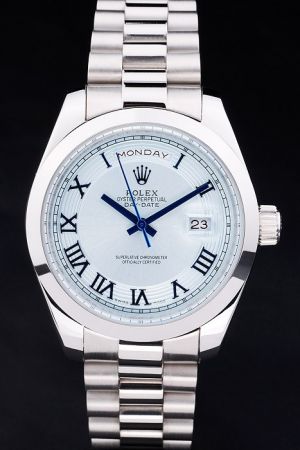 Men's Rolex Day-date White Gold SS Case/Bracelet Light Blue Concentric Pattern Dial Roman Marker Royal Blue Hands Week Date Watch