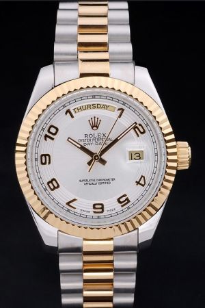 Rolex Day-date Gold Fluted Bezel Silver Concentric Pattern Dial Arabic Marker Week Display Window 2-Tone Bracelet Date Watch