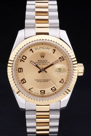 Rolex Day-date Gold Fluted Bezel Gold Concentric Pattern Dial Arabic Scale Stick Hand 2-Tone Bracelet Automatic Business Watch