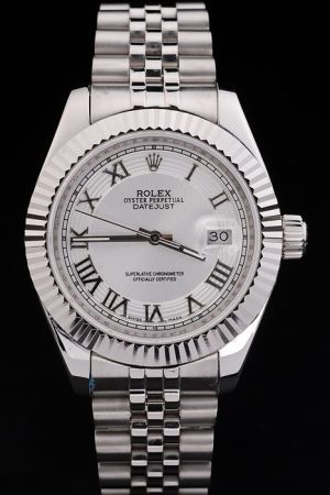 Rolex Datejust Fluted Bezel Silver Dial Roman Numeral Scale Luminous Stick Hand Convex Lens Date Window Stainless Steel Bracelet Watch