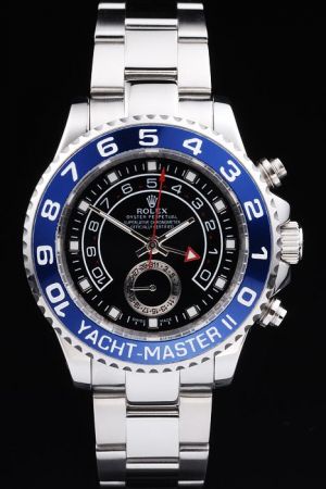 Rolex Yachtmaster II Chronograph Silver SS Case Blue Cerachrom Rotating Bezel Black Dial Luminous Pointers One Sub-dial Sports Watch