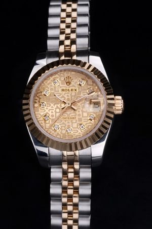 Ladies Rolex Datejust Gold Fluted Bezel/Logo Dial/Luminous Index Diamond Marker Two-tone Jubilee Bracelet Anniversary Watch