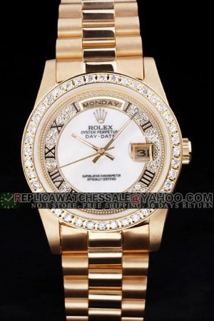 Rolex Day-date 18k Gold Diamonds Bezel/Dial Roman Marker Stick Pointer Week Display Window Gold Bracelet Date Men’s Watch