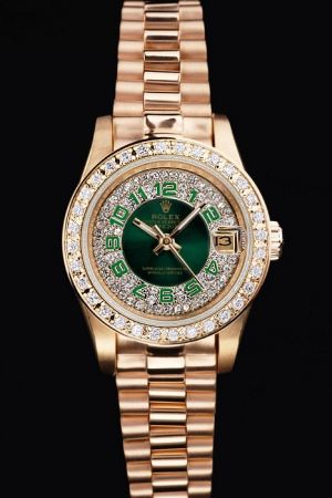 Lady Rolex Datejust Pearlmaster Diamonds Bezel/Dial Green Arabic Scale Stick Hand Rose Gold Case/Bracelet Date Watch Ref.179138R 