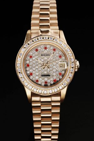 Luxury Lady Rolex Datejust Pearlmaster Full Diamonds Bezel/Dial Red Diamonds Scale Copy 18k Yellow Gold SS Watch