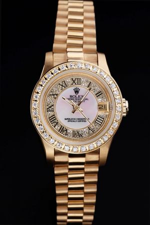 Automatic Rolex Datejust 34mm Diamonds Bezel/Dial Roman Marker Yellow Gold Plated Stainless Steel Women Date Watch