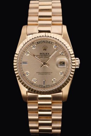 Rolex Day-date Fluted Bezel Diamonds Marker  Luxury 18k Gold SS Week Display Fake Watch