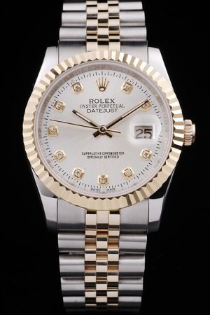 Fake Rolex Datejust Gold Fluted Bezel Silver Dial Diamonds Marker Luminous Hand Date Display 2-Tone Jubilee Bracelet Swiss Automatic Watch