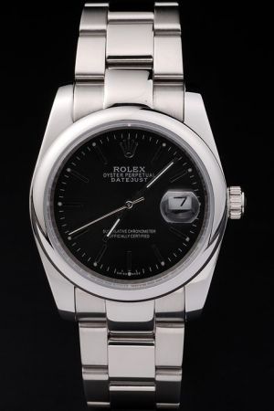 Rep Rolex Datejust Rounded Case Black Dial Stick Marker Luminous Hand Convex Lens Date Window Steel Bracelet Swiss Watch