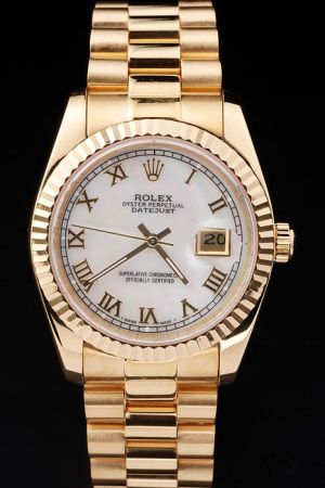Swiss Men Rolex Datejust Gold Case/Scale/Bracelet Pearl Dial Convex Lens Date Window Fake Luxury Watch