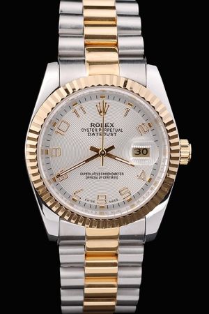 Faux Rolex Datejust Gold Fluted Bezel/Arabic Scale/Luminous Pointer Silver Concentric Pattern Dial Two-tone Bracelet Swiss Watch