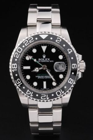 Swiss Rolex GMT Master II Black Bidirectional Rotatable Bezel Luminous Dots Scale/Mercedes Hand Date Silver SS Watch Ref.116710LN-78200
