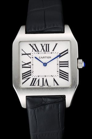  Cartier  Quartz Santos White Gold Suits Watch KDT022 Black Leather Band