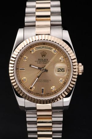 Rolex Day-date Gold Fluted Bezel Gold Dial Diamonds Hour Marker Luminous Pointer Week Display Two-tone Bracelet Swiss Watch