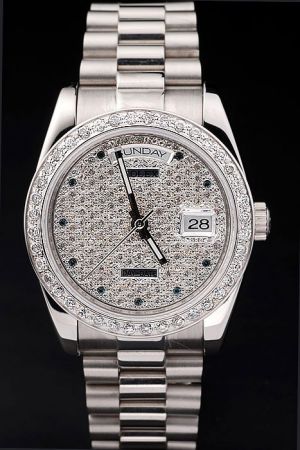 Swiss Rolex Day-date Full-set Diamonds Bezel/Dial Hour Scale Luminous Hands Week/Date Display Silver Bracelet SS Wedding Watch