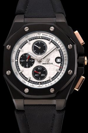 AP Royal Oak Offshore The Legacy White Tapisserie Dial Ion-plated Octagonal Bezel Black Fabric Strap Watch