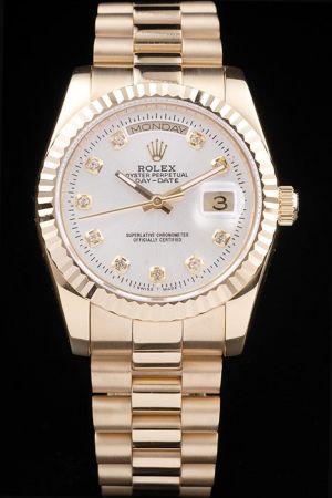 Swiss Rolex Day-date 36mm Gold Case/Pointer/Bracelet Fluted Bezel Diamonds Markers Week Display Window Date Watch Ref.118348