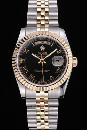 Rolex Day-date Gold Fluted Bezel Black Dial Gold Roman Scale/Hand Week/Date Display Two-tone Steel Jubilee Bracelet Auto Watch
