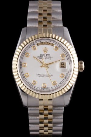 Rolex Day-date Silver Case Gold Fluted Bezel Diamonds/Track Marker Gold Stick Hand Week Display Window 2-Tone Jubilee Bracelet Casual Watch