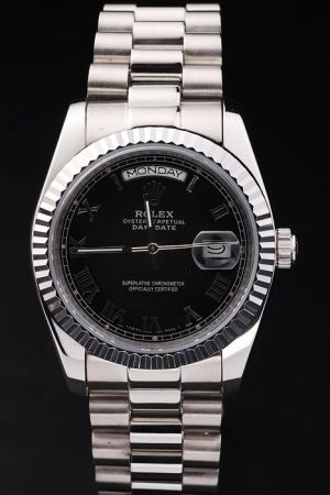 Rolex Day-date Silver Fluted Bezel Black Dial Roman Scale Week/Date Display Steel Bracelet Swiss Rep 36mm Dress Watch