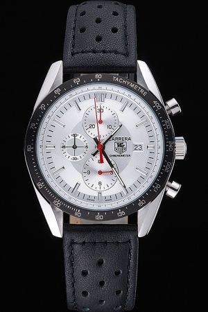 Replica Tag Heuer Carrera Ion-plated Tachymetre Bezel Silver Dial Perforated Strap Watch