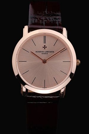 Fake Vacheron Constantin Patrimony Rose Gold Case/Radial Face/Stick Pointers Stick Hour Scale Burgundy Strap Watch
