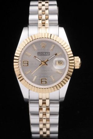 Popular  Rolex Datejust Gold Fluted Bezel Grey Wave Dial Gold Scale/Pointer 2-Tone Steel Bracelet Ladies Dress Watch
