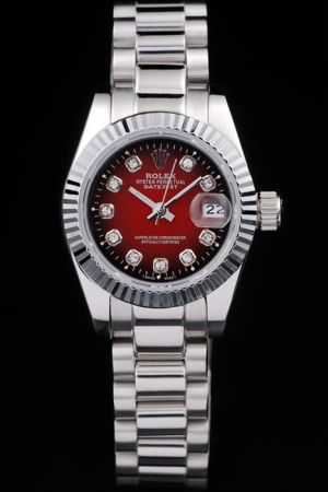 Unisex Rolex Datejust Fluted Bezel Red Vignette Diamonds Dial Stick Hand Convex Lens Date Window Stainless Steel Bracelet Watch Ref.79173