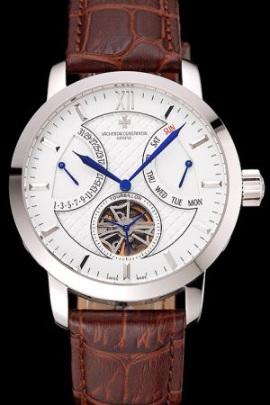 VC Patrimony Traditionnelle White Checked Dial Stick Marker Two Fan-shaped Sub-dials Dark Blue Morderne Pointers Auto Tourbillon Watch