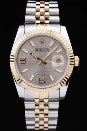 Business Copy Rolex Datejust Gold Fluted Bezel Grey Wave Dial Luminous Stick Hour Marker 2-Tone Steel Wristband Men’s Watch