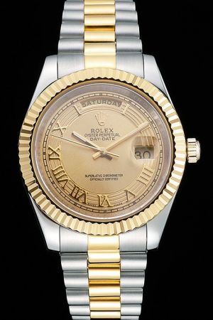 Rolex Day-date Yellow Gold Fluted Bezel Gold Concentric Pattern Dial Roman Marker Stick Hand Week Display Two-tone Bracelet Watch