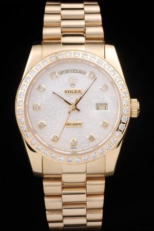  Rolex Day-date Diamonds Bezel/Scale Mop Logo Dial Stick Pointers Week/Date Display 18K Yellow Gold SS Copy Watch
