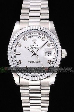 Male Rolex Day-date 41mm SS Case/Bracelet Silver Dial Diamond Scale Luminous Hand Date Week Wedding Watch