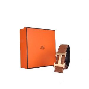 Hermes High End Calf Leather Stitches Detail Strap Gold Logo Buckle Male Coffee Belt 