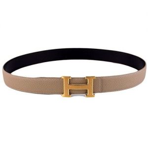 2017 New Hermes Light Grey Grainy Leather Strap Yellow Gold Plated H Buckle Ladies Casual Belt 