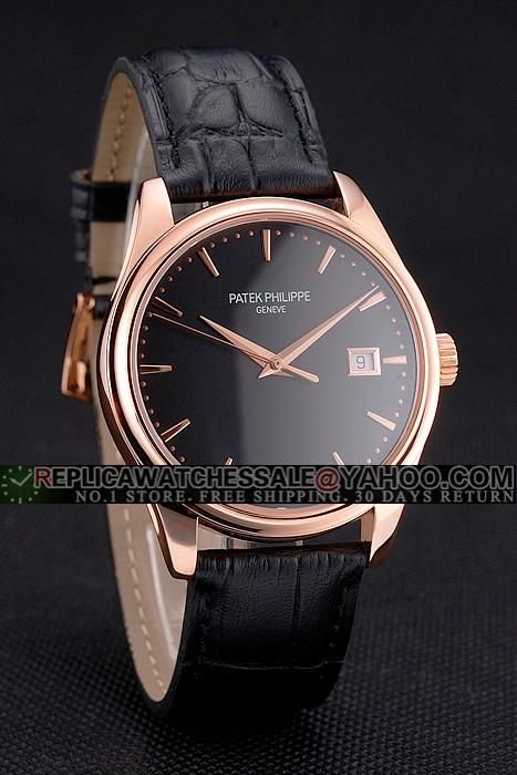 Patek Philippe Calatrava men's watch in 18k rose gold with a leather strap.