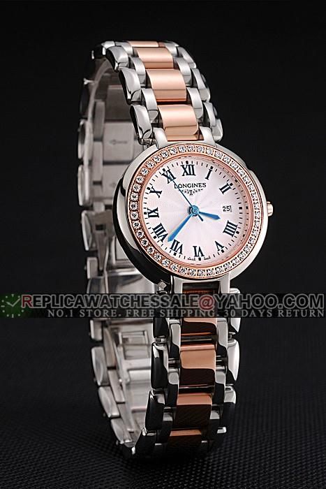 Luxury Fake Longines PrimaLuna Diamonds Bezel Two-tone Bracelet Roman  Quartz Watch L8.111.5.79.6