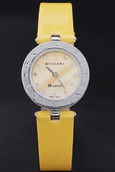 Bvlgari B Zero1 Yellow Dial Diamonds Markers Stainless Steel Case Yellow Leather Strap Fashion Watch